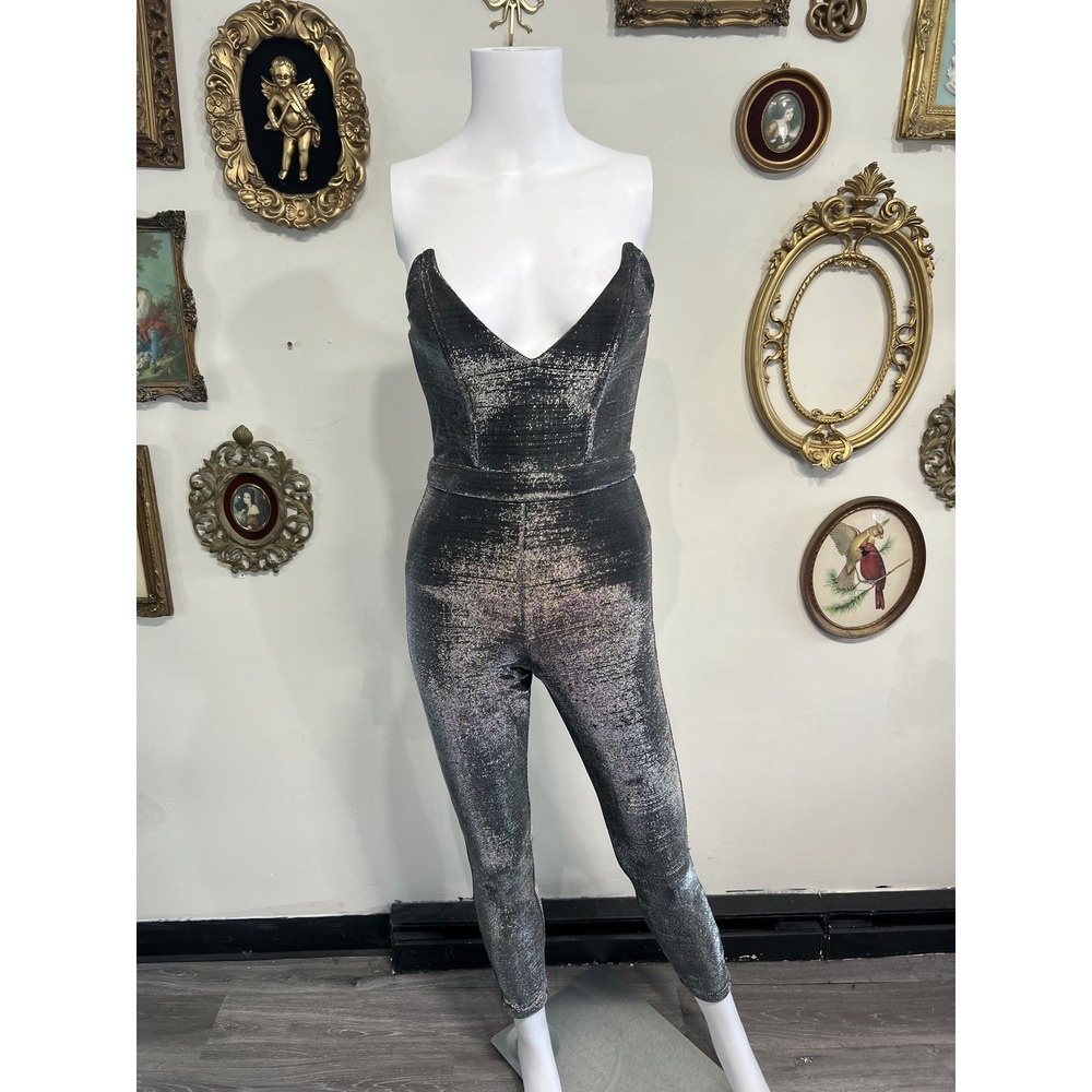 NBD Black Silver Metallic Sparkly Strapless Sweetheart Jumpsuit Size XS